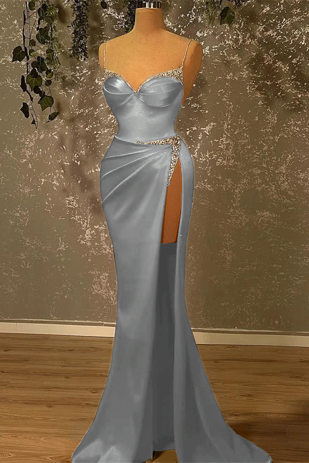 Showprettydess Spaghetti-Straps Beaded Burgundy Mermaid Prom Dress with Split-showprettydress