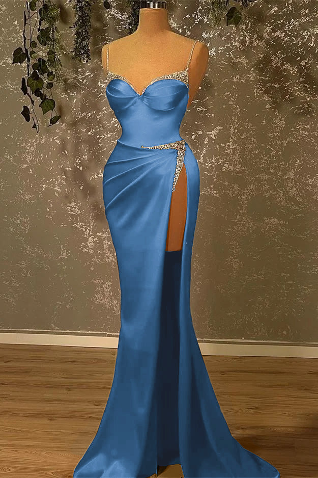 Showprettydess Spaghetti-Straps Beaded Burgundy Mermaid Prom Dress with Split-showprettydress