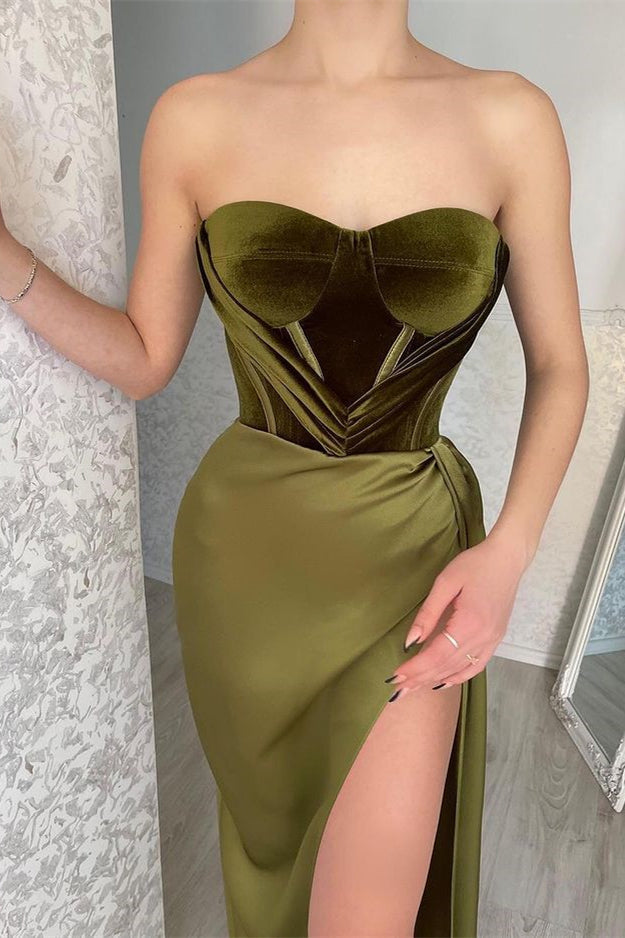 Showprettydess Strapless Olive Green Mermaid Evening Dress with Split-showprettydress