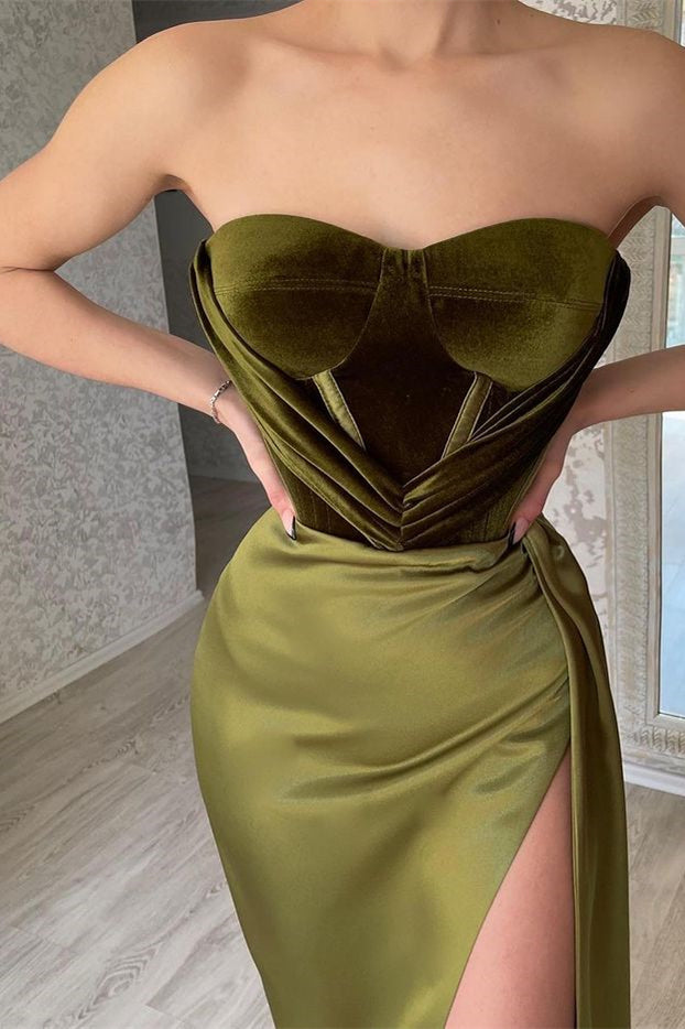 Showprettydess Strapless Olive Green Mermaid Evening Dress with Split-showprettydress
