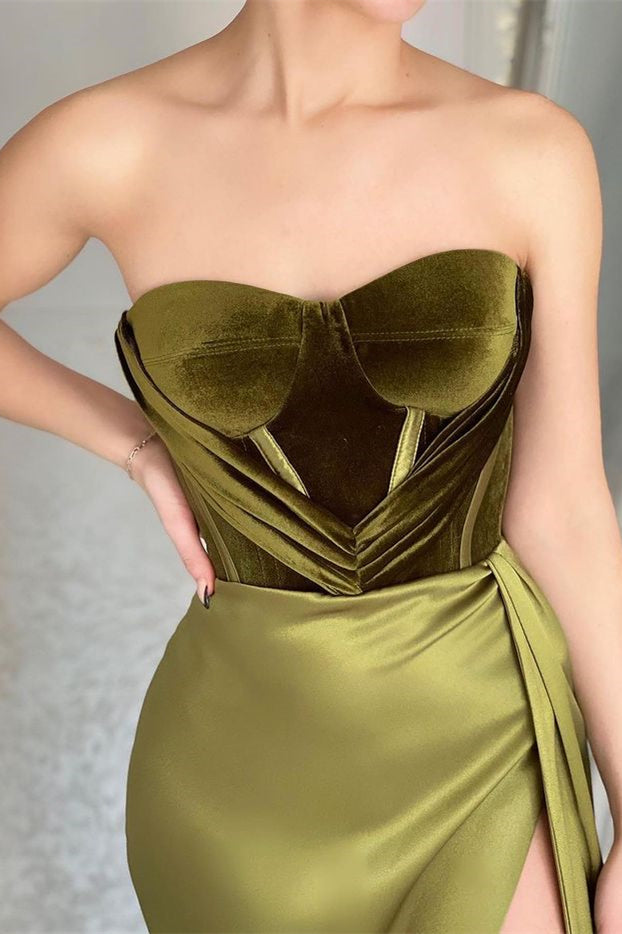 Showprettydess Strapless Olive Green Mermaid Evening Dress with Split-showprettydress
