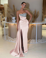 Showprettydess Strapless Sleeveless Prom Dress with Beading & Split & Ruffles-showprettydress