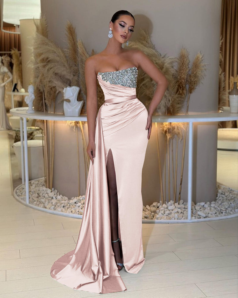 Showprettydess Strapless Sleeveless Prom Dress with Beading & Split & Ruffles-showprettydress