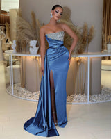 Showprettydess Strapless Sleeveless Prom Dress with Beading & Split & Ruffles-showprettydress