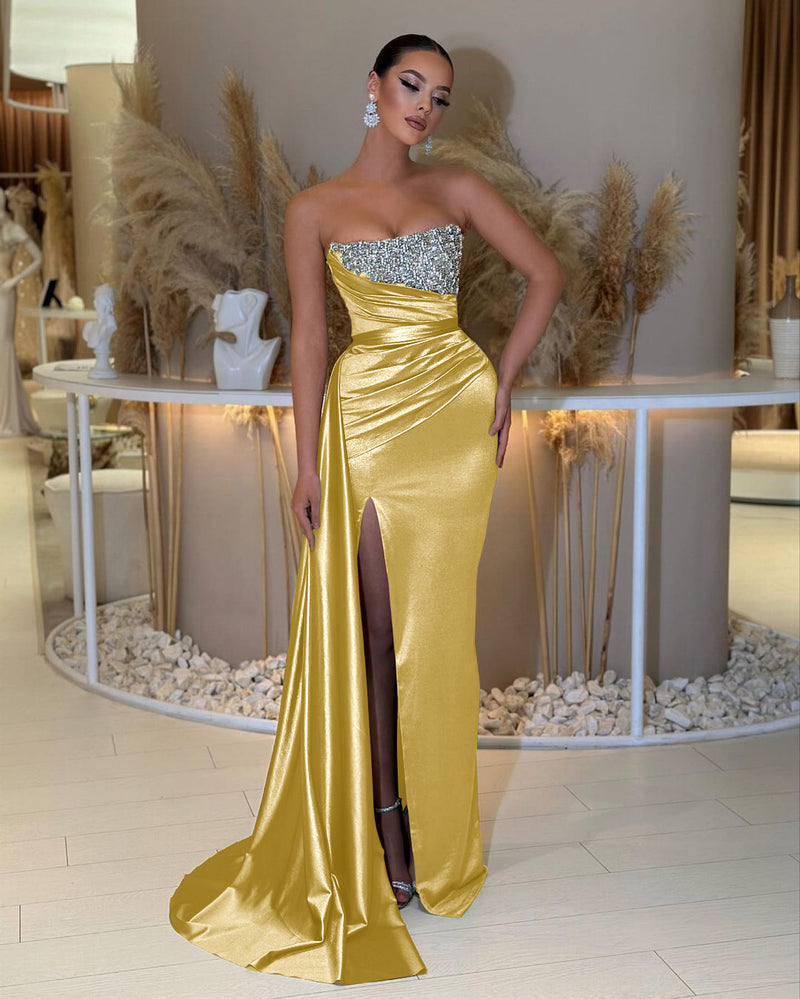 Showprettydess Strapless Sleeveless Prom Dress with Beading & Split & Ruffles-showprettydress