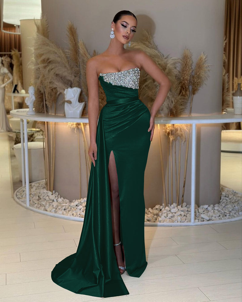 Showprettydess Strapless Sleeveless Prom Dress with Beading & Split & Ruffles-showprettydress