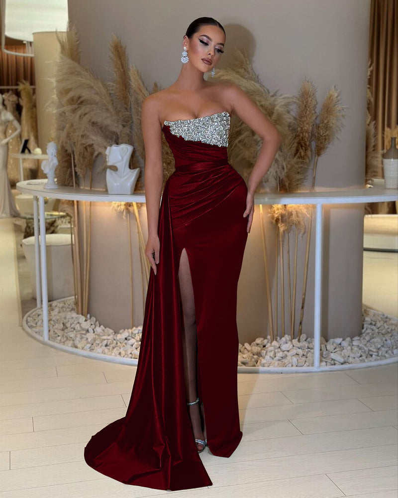 Showprettydess Strapless Sleeveless Prom Dress with Beading & Split & Ruffles-showprettydress
