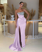 Showprettydess Strapless Sleeveless Prom Dress with Beading & Split & Ruffles-showprettydress