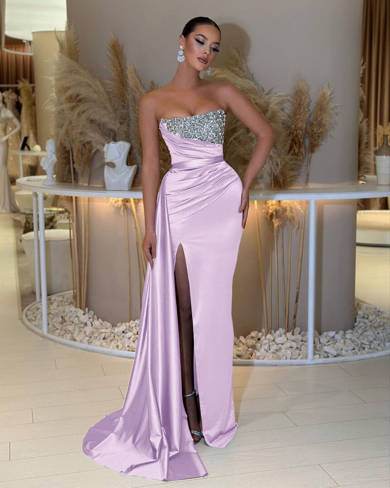 Showprettydess Strapless Sleeveless Prom Dress with Beading & Split & Ruffles-showprettydress