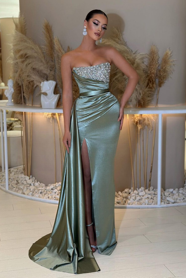 Showprettydess Strapless Sleeveless Prom Dress with Beading & Split & Ruffles-showprettydress