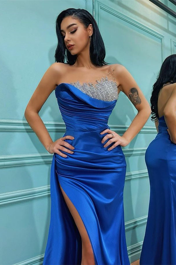 Showprettydess Strapless Sleeveless Split Royal Blue Mermaid Evening Dress with Beadings-showprettydress