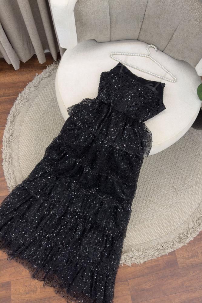Showprettydess Stunning Black Sequined Sleeveless Strapless Long Prom Dress with Split & Ruffles-showprettydress