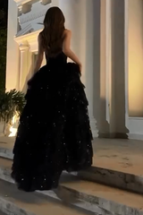 Showprettydess Stunning Black Sequined Sleeveless Strapless Long Prom Dress with Split & Ruffles-showprettydress