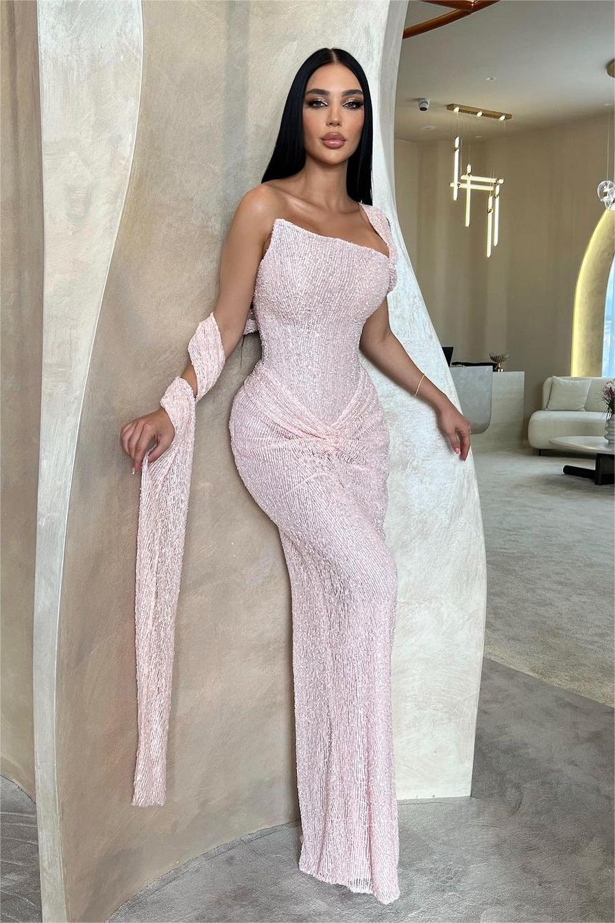 Showprettydess Stunning Pink Sequined One-Shoulder Sleeveless Slim Prom Dress with Pleats-showprettydress