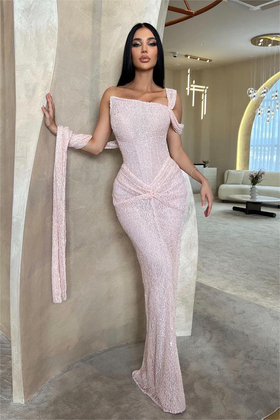 Showprettydess Stunning Pink Sequined One-Shoulder Sleeveless Slim Prom Dress with Pleats-showprettydress