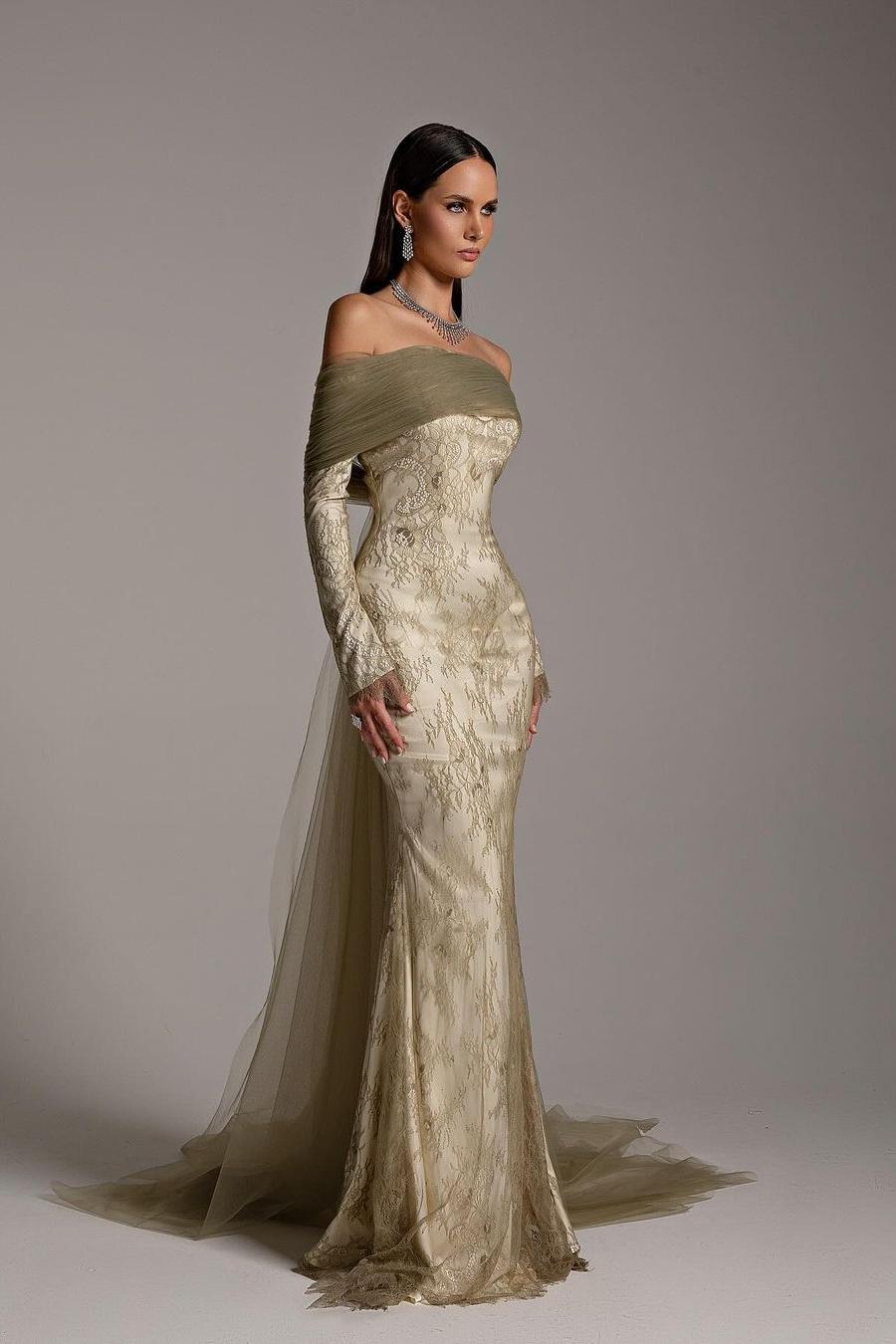 Showprettydess Stunning Prints Off-the-Shoulder Long Sleeves Mermaid Prom Dress with Pleated Design-showprettydress