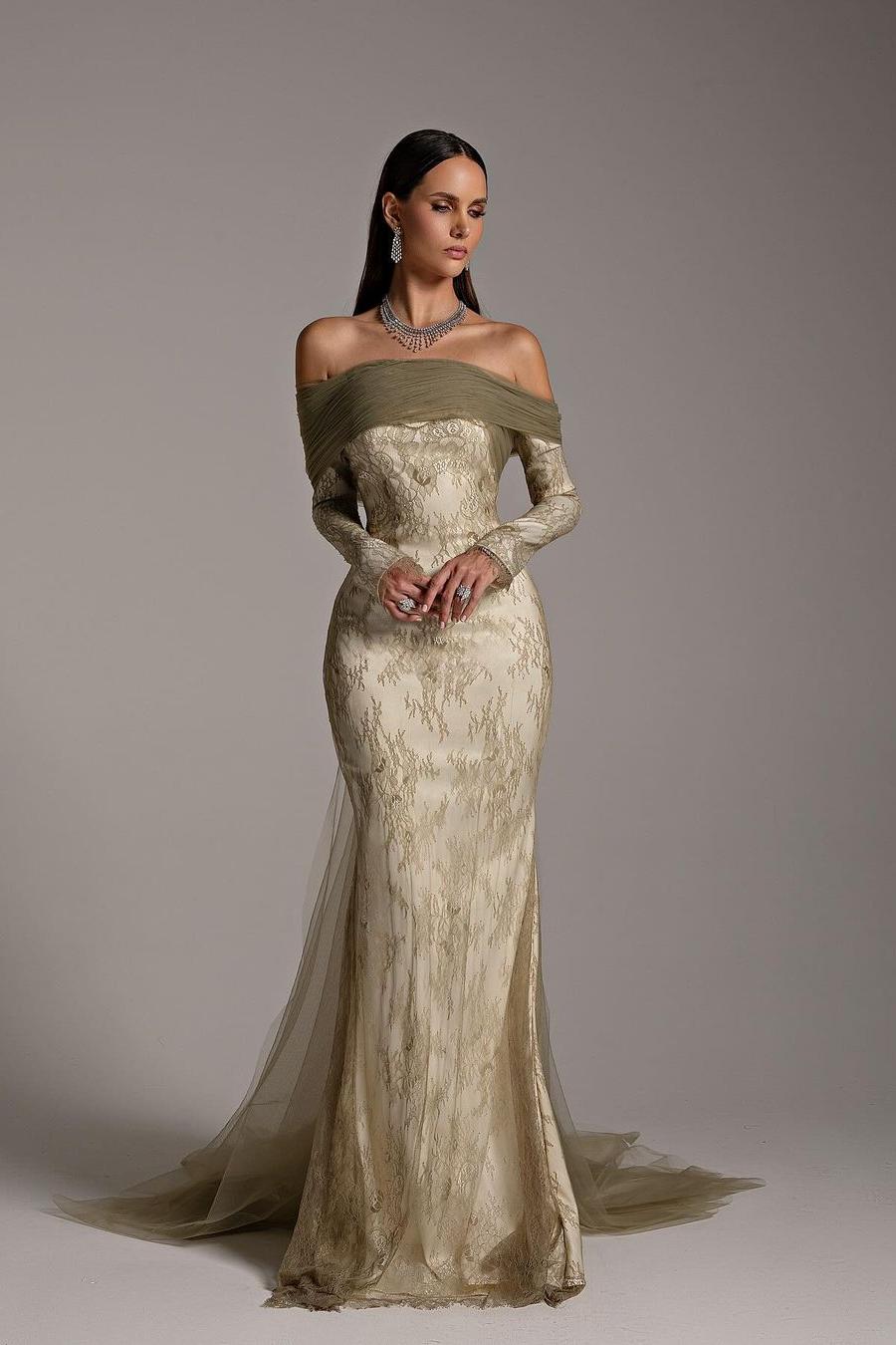 Showprettydess Stunning Prints Off-the-Shoulder Long Sleeves Mermaid Prom Dress with Pleated Design-showprettydress