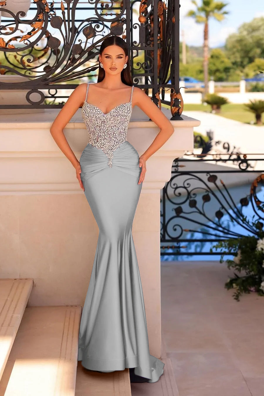 Showprettydess Stunning Purple Satin Sleeveless Spaghetti Strap Mermaid Prom Dress with Beadings-showprettydress