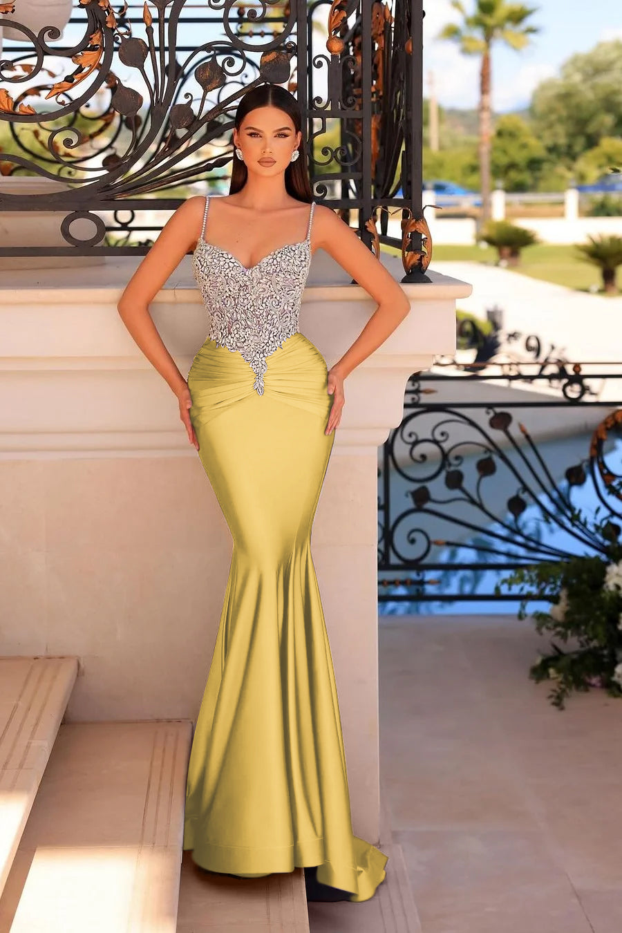 Showprettydess Stunning Purple Satin Sleeveless Spaghetti Strap Mermaid Prom Dress with Beadings-showprettydress