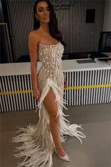 Showprettydess Stunning White Beaded Sleeveless Strapless Long Split Prom Dress with Feather-showprettydress