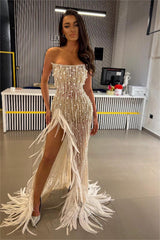 Showprettydess Stunning White Beaded Sleeveless Strapless Long Split Prom Dress with Feather-showprettydress
