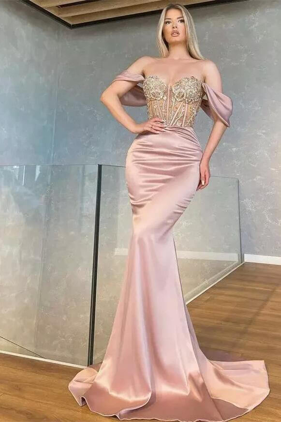 Showprettydess Sweetheart Long Off-the-Shoulder Mermaid Prom Dress with Beads-showprettydress