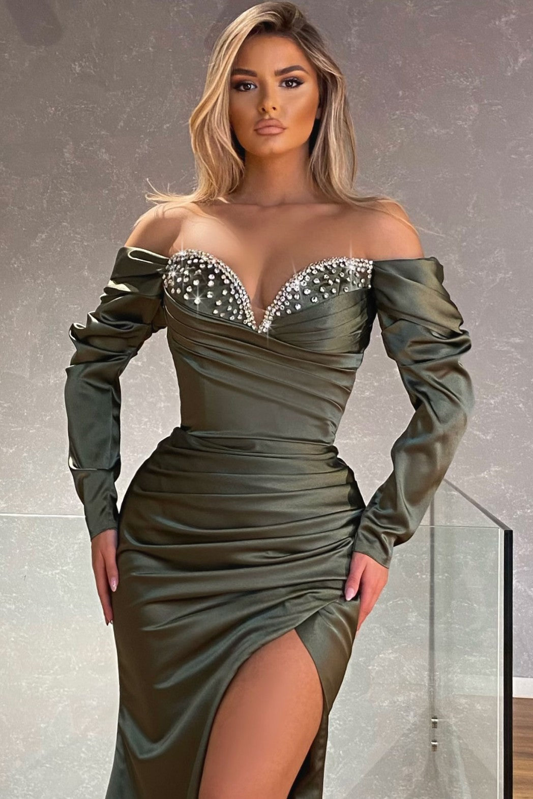 Showprettydess Sweetheart Long Sleeve Prom Dress with Mermaid Beadings & Split-showprettydress