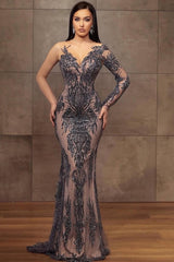 Showprettydess V-Neck One-Shoulder Long Prom Dress with Lace Appliques & Sleeveless Design-showprettydress