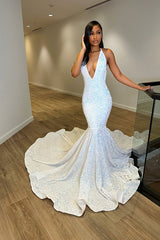 Showprettydess White Deep V-Neck Laser Light Sleeveless Mermaid Princess Prom Dress with Trumpet Open Back-showprettydress