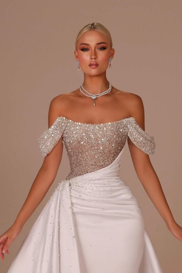 Showprettydess White Off-the-Shoulder Sequined Long Prom Dress with Sleeveless & Beads-showprettydress