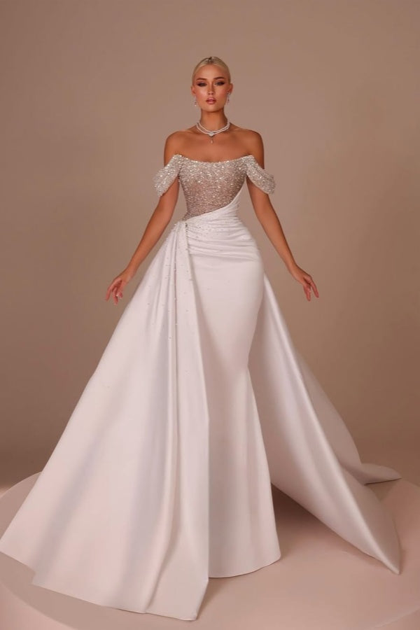 Showprettydess White Off-the-Shoulder Sequined Long Prom Dress with Sleeveless & Beads-showprettydress
