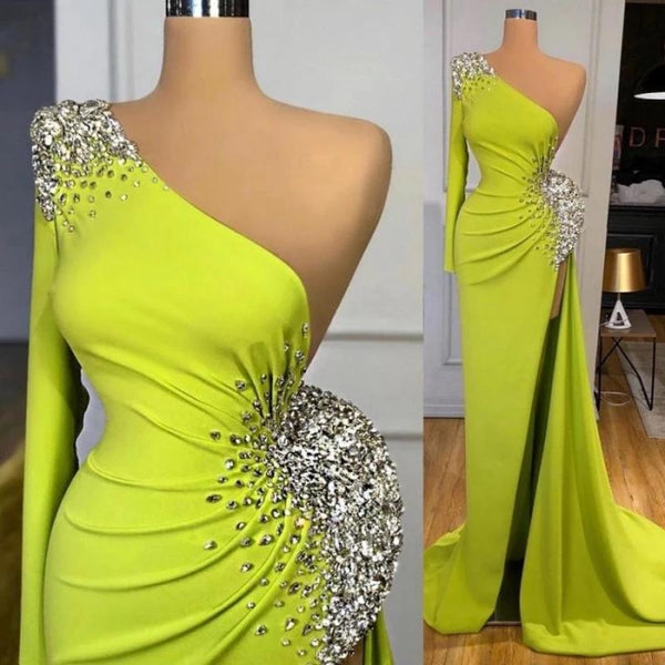 Showprettydess Yellow-Green Mermaid Prom Dress with Long Sleeves & Split with Beads-showprettydress