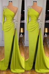 Showprettydess Yellow-Green Mermaid Prom Dress with Long Sleeves & Split with Beads-showprettydress