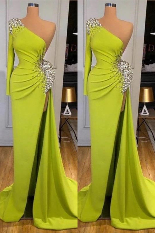 Showprettydess Yellow-Green Mermaid Prom Dress with Long Sleeves & Split with Beads-showprettydress