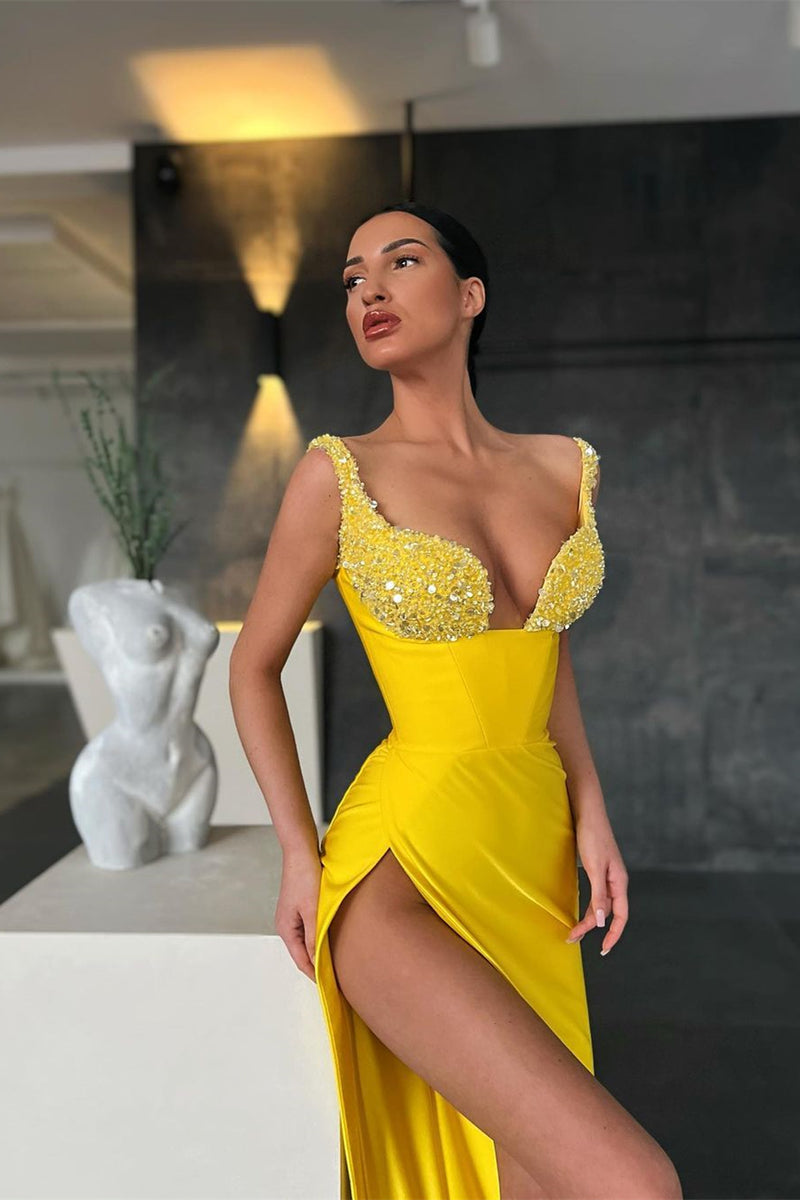 Showprettydess Yellow Sequined Mermaid Prom Dress with Straps & Split-showprettydress