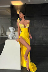 Showprettydess Yellow Sequined Mermaid Prom Dress with Straps & Split-showprettydress