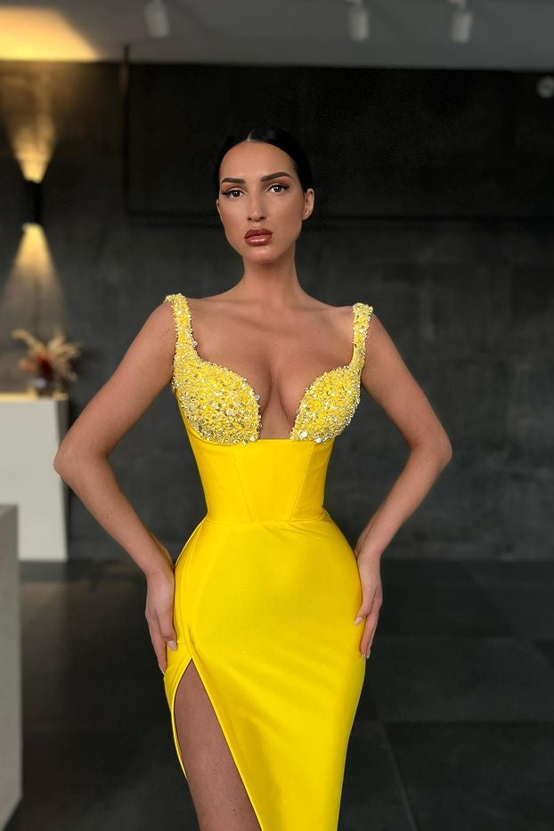 Showprettydess Yellow Sequined Mermaid Prom Dress with Straps & Split-showprettydress