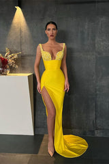 Showprettydess Yellow Sequined Mermaid Prom Dress with Straps & Split-showprettydress