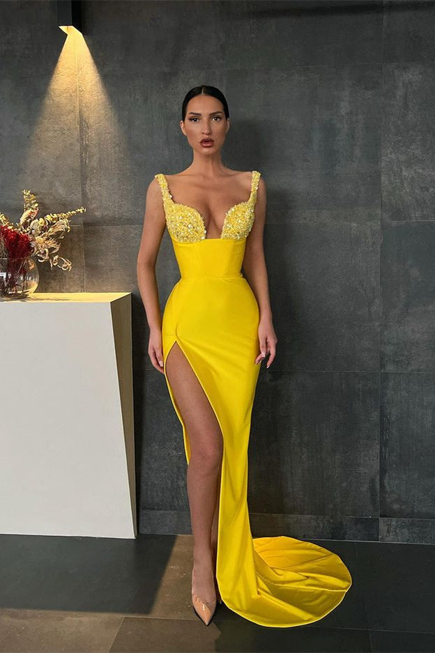 Showprettydess Yellow Sequined Mermaid Prom Dress with Straps & Split-showprettydress