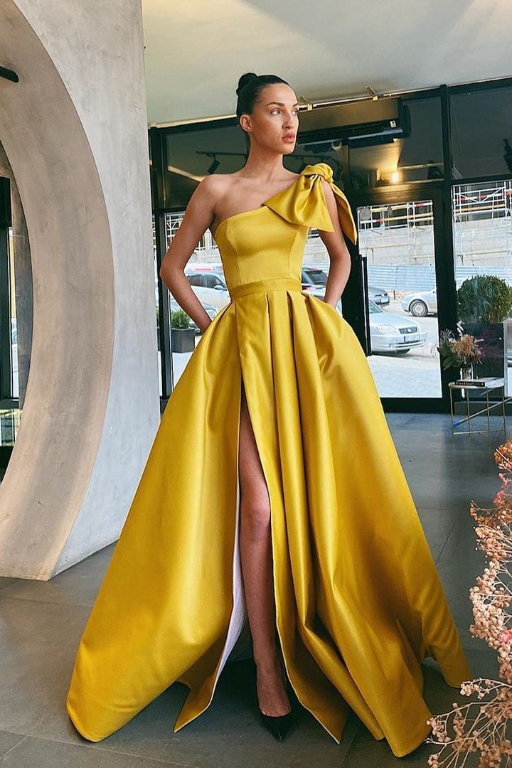 Showprettydess Yellow Split One-Shoulder Prom Dress with Pockets-showprettydress