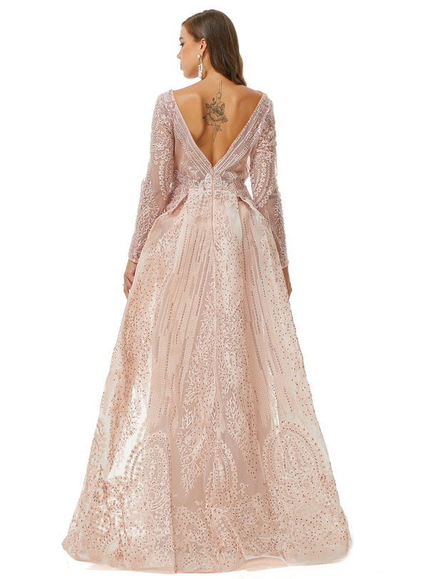 Showprettydress Design | Champange Sparkle Beaded Long Sleeves Prom Dresses with Overskirt-showprettydress