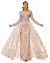Showprettydress Design | Champange Sparkle Beaded Long Sleeves Prom Dresses with Overskirt-showprettydress