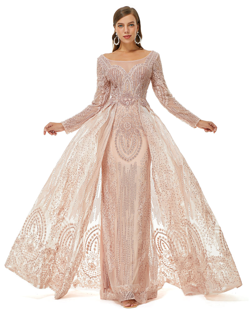 Showprettydress Design | Champange Sparkle Beaded Long Sleeves Prom Dresses with Overskirt-showprettydress