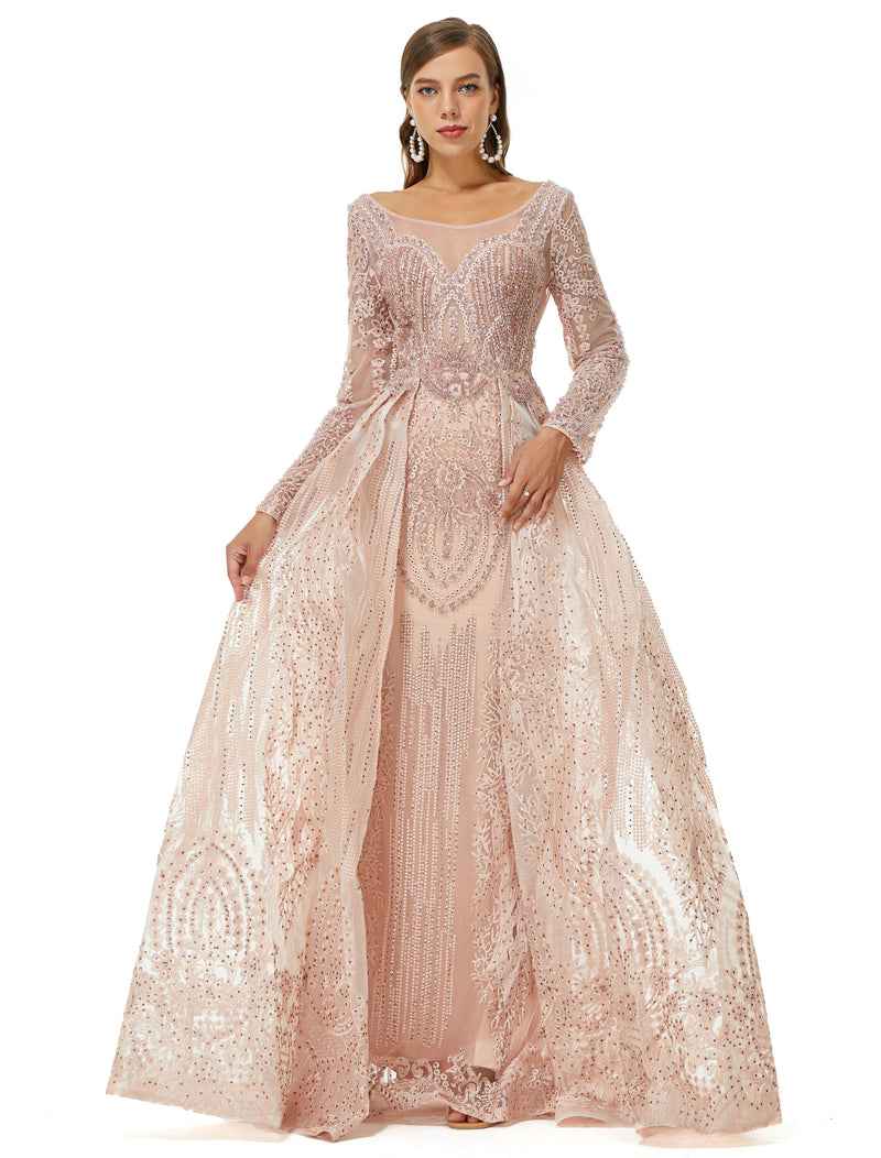 Showprettydress Design | Champange Sparkle Beaded Long Sleeves Prom Dresses with Overskirt-showprettydress