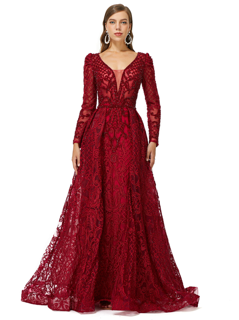 Showprettydress Design | Sparkle Beaded Wine Red Long Sleeves Prom Dresses-showprettydress