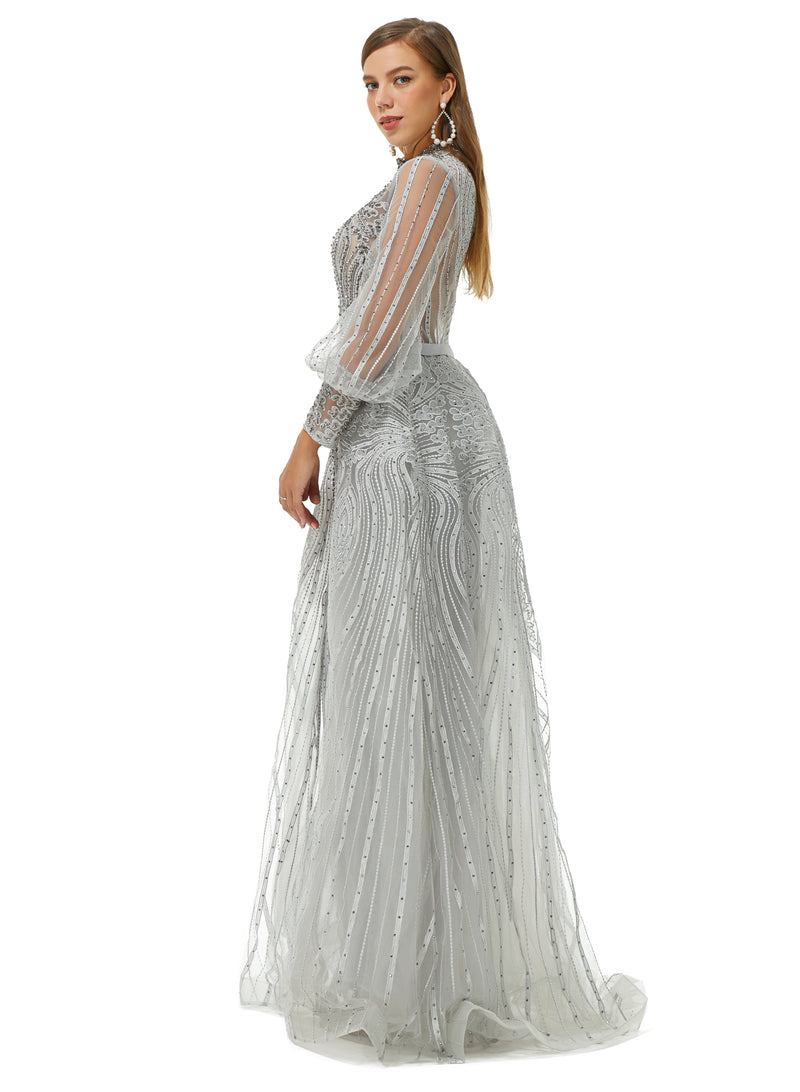 Showprettydress Design | Sparkle Gray Beaded Mermaid Long sleeves Prom Dresses with Overskirt-showprettydress