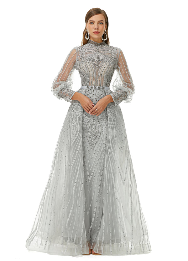 Showprettydress Design | Sparkle Gray Beaded Mermaid Long sleeves Prom Dresses with Overskirt-showprettydress