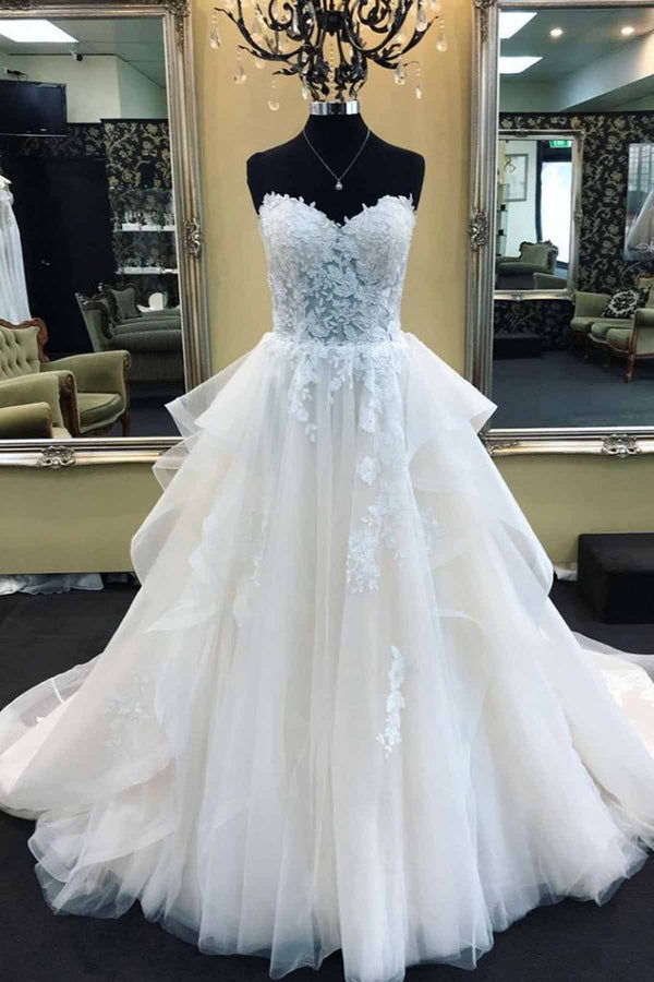 Long A-Line Strapless Lace Tulle Wedding Dress-showprettydress