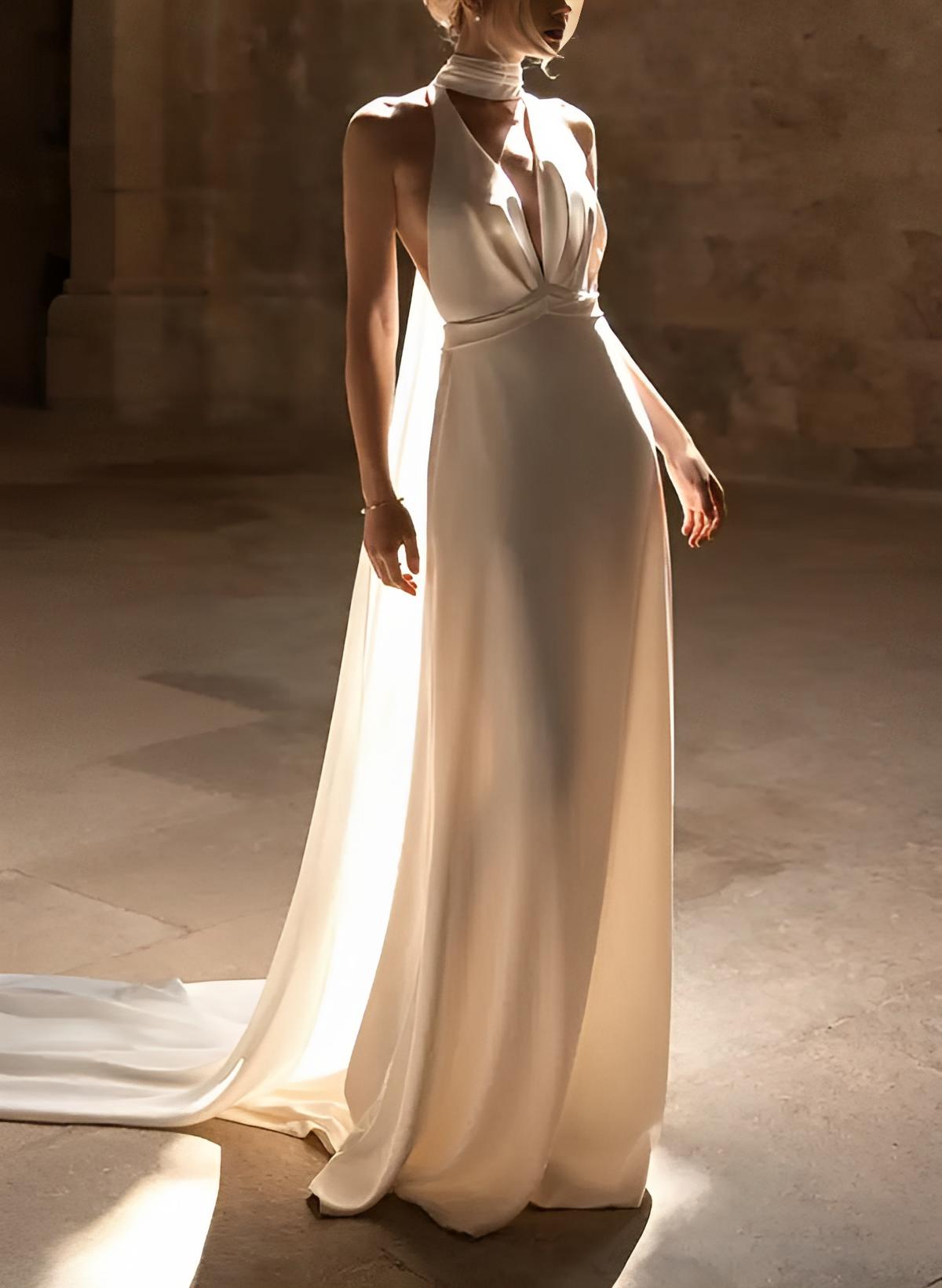 Silk Like Satin Wedding Dresses Summer Beach Boho Garden Halter Sleeveless Sweep Train-Showprettydress