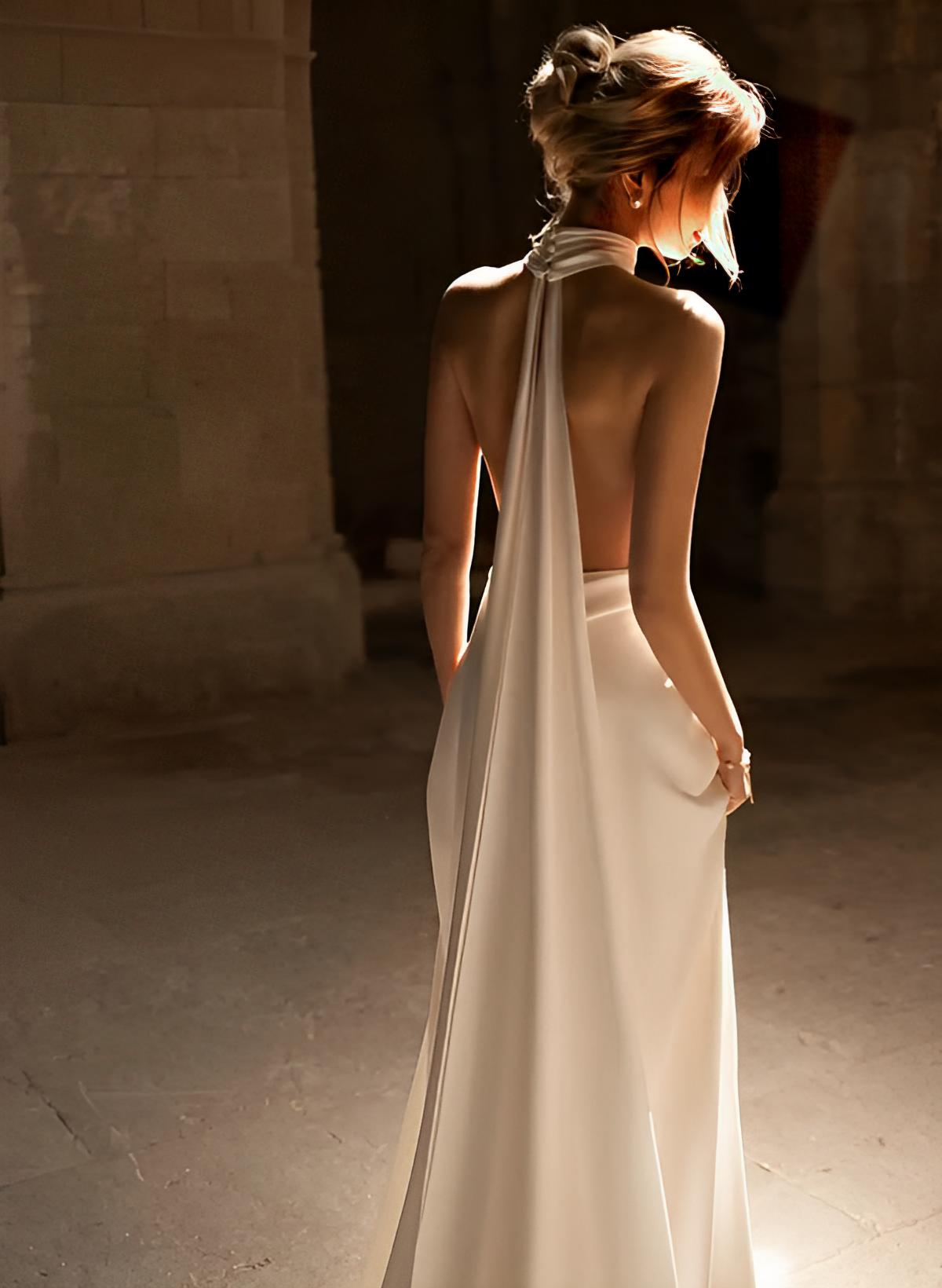 Silk Like Satin Wedding Dresses Summer Beach Boho Garden Halter Sleeveless Sweep Train-Showprettydress